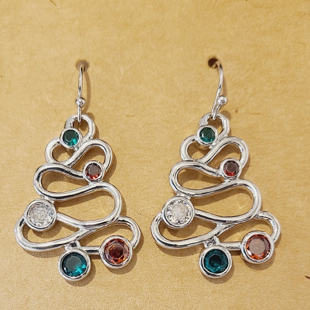 Sparkling Christmas Tree Dangle Earrings Festive‎ Holiday Gemstones Silver Tone